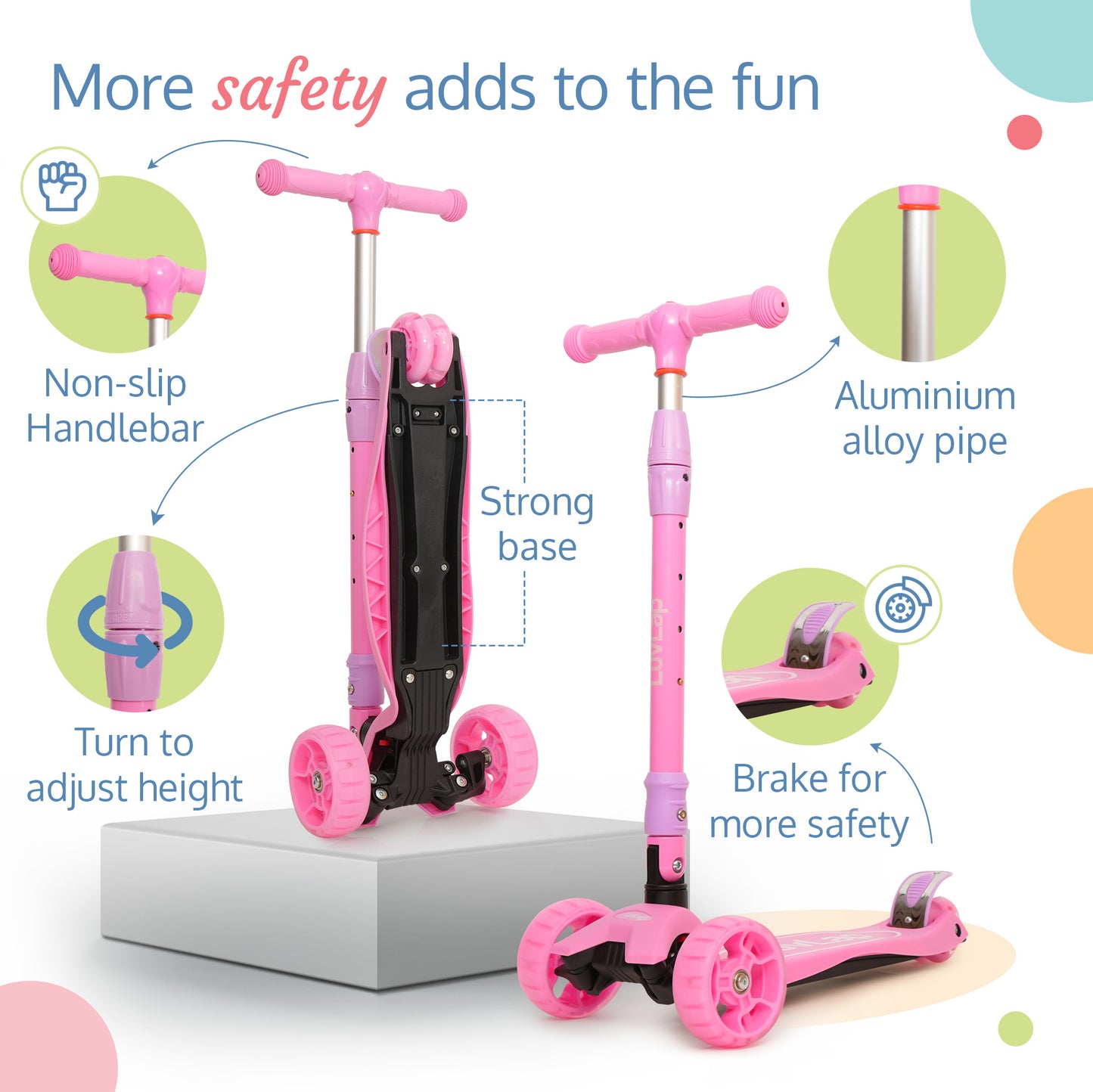 Joy Scooter for Kids- Toddler 3-Wheel Kick Scooter with LED Lights | Safe & Stable First Ride for 3-10 Year Olds | Adjustable Height & Easy-Grip Handlebars | Fun Outdoor Gear for Kids, Pink