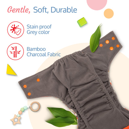 Reusable Bamboo Charcoal Baby Cloth Diapers - 3m+ - Orange & green