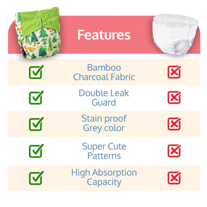 Reusable Bamboo Charcoal Baby Cloth Diapers - 3m+ - white & green