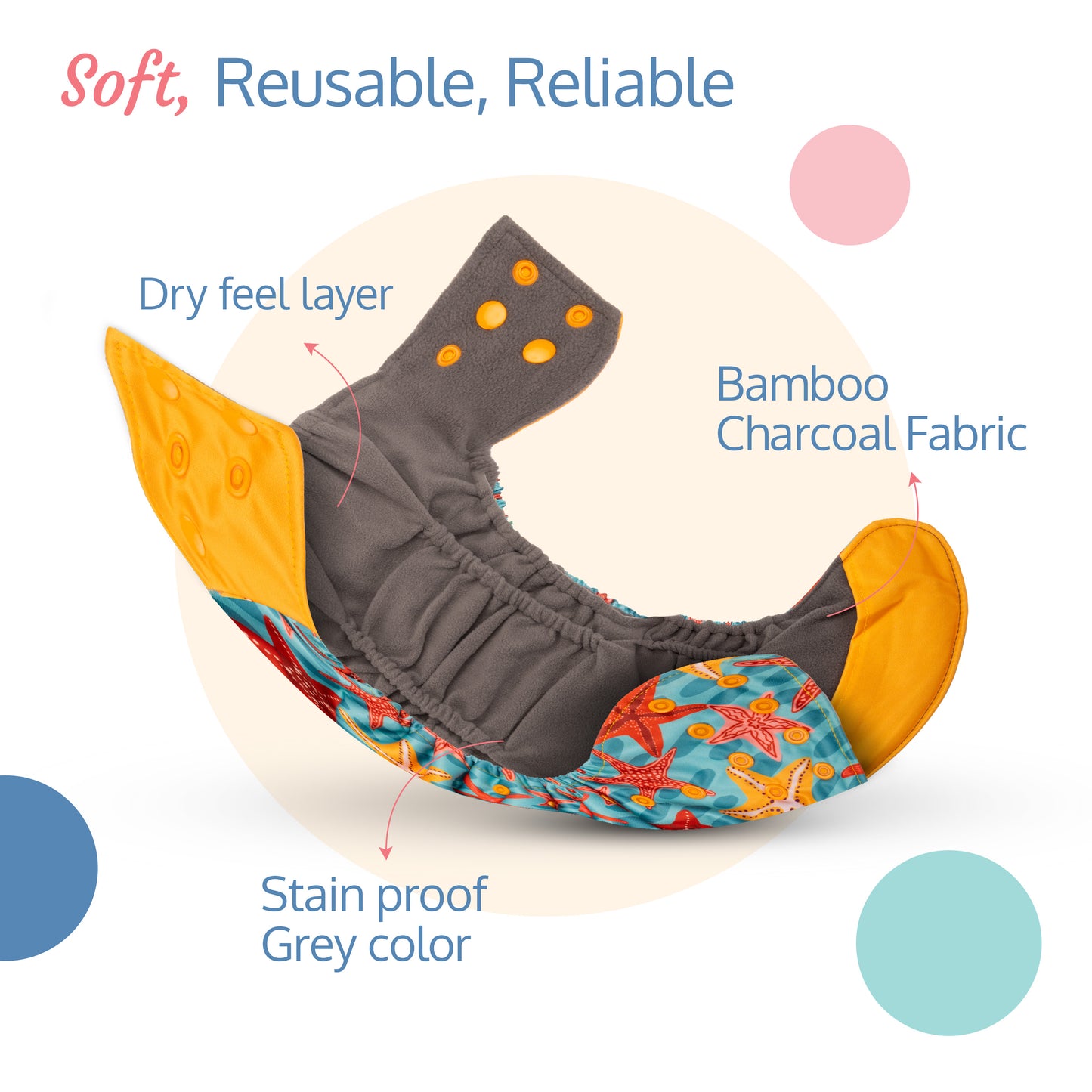 Reusable Bamboo Charcoal Baby Cloth Diapers - 3m+ - blue stars