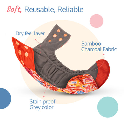 Reusable Bamboo Charcoal Baby Cloth Diapers - 3m+ - Red stars
