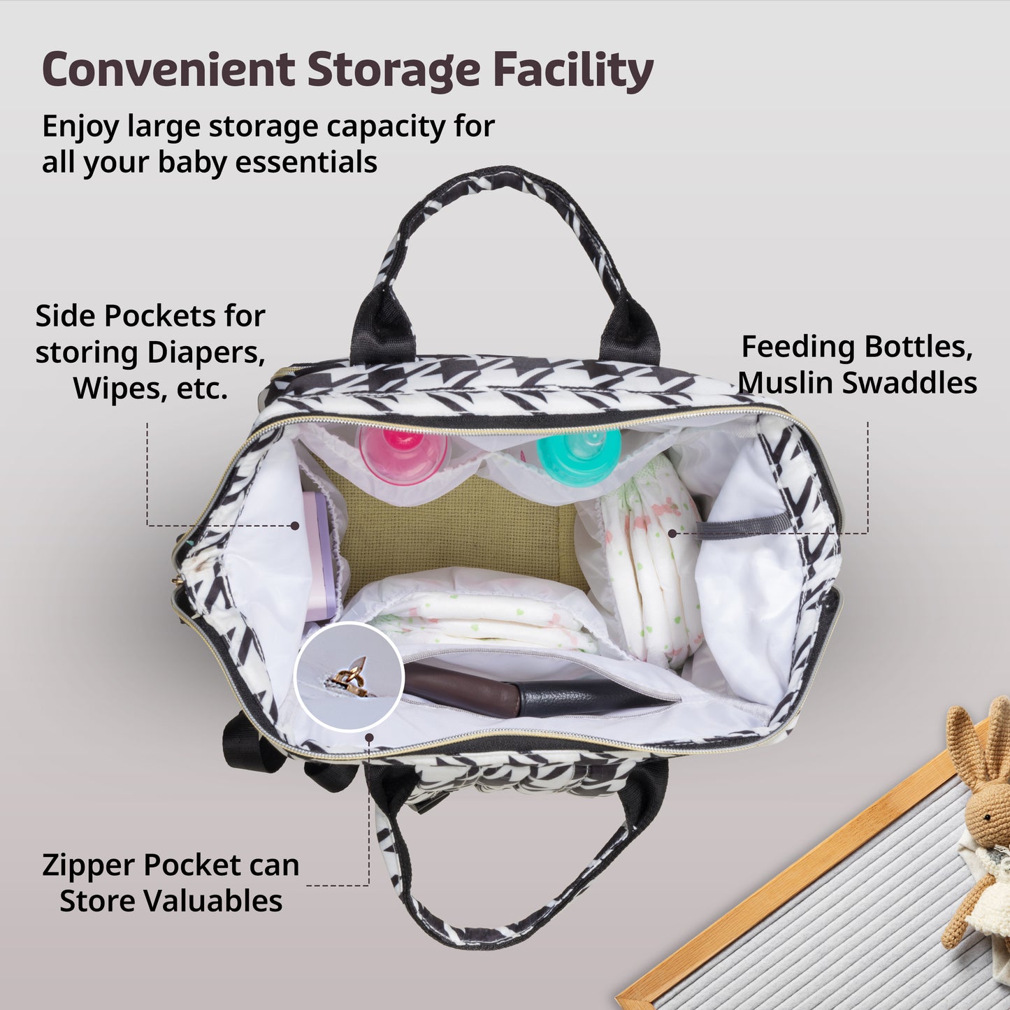 Multifunctional Waterproof Diaper Bag - Black and White