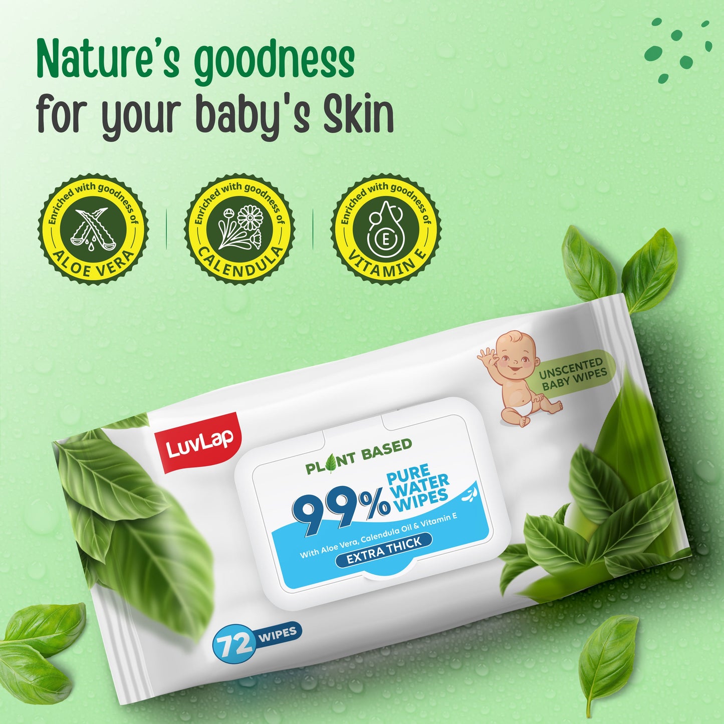 Plant Based 99% Pure Water Baby Wipes,72 Count (Pack Of 2),Extra Thick Unscented,Vitamin E,Ph Balanced,Paraben Free,Ideal For Delicate Skin,Dermatologically Tested, Buy 1 Get 1 Free