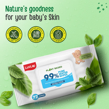 Plant Based 99% Pure Water Baby Wipes,72 Count (Pack Of 2),Extra Thick Unscented,Vitamin E,Ph Balanced,Paraben Free,Ideal For Delicate Skin,Dermatologically Tested, Buy 1 Get 1 Free
