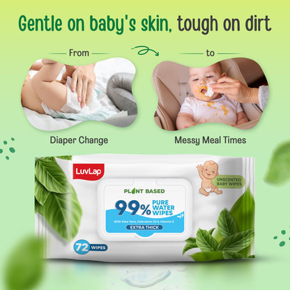 Plant Based 99% Pure Water Baby Wipes,72 Count (Pack Of 2),Extra Thick Unscented,Vitamin E,Ph Balanced,Paraben Free,Ideal For Delicate Skin,Dermatologically Tested, Buy 1 Get 1 Free