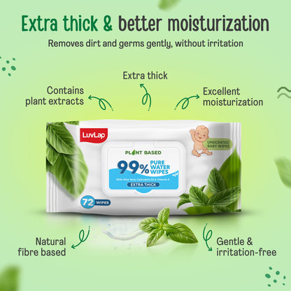Plant Based 99% Pure Water Baby Wipes,72 Count (Pack Of 2),Extra Thick Unscented,Vitamin E,Ph Balanced,Paraben Free,Ideal For Delicate Skin,Dermatologically Tested, Buy 1 Get 1 Free