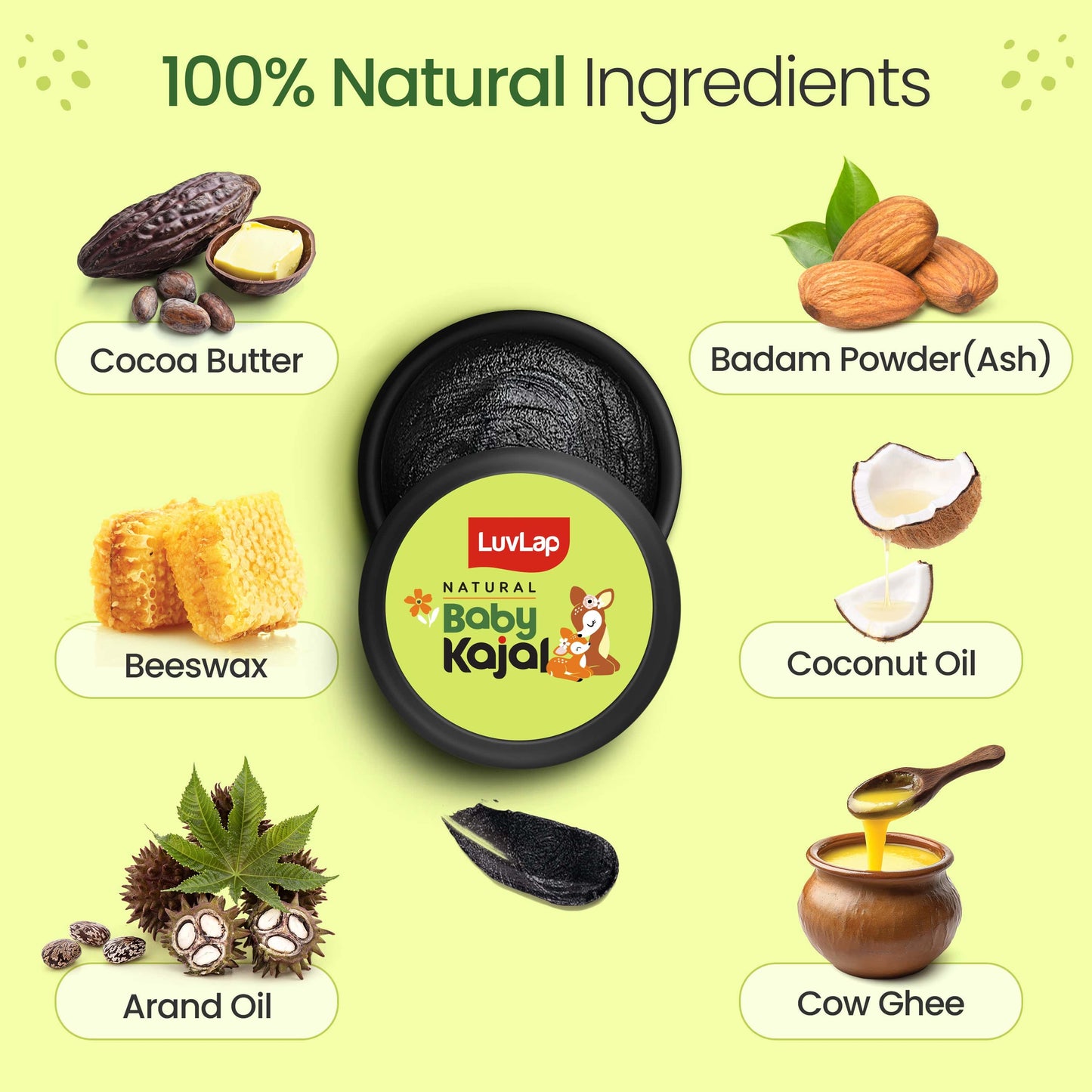 100% Natural Baby Kajal with Pure Cow Ghee, Castor Oil, Coconut Oil, Sweet Almond Oil & Cocoa Butter, Soothes & Nourishes Eyes of New Born & Kids, Irritation-free, with Zero Lead Content, 5g