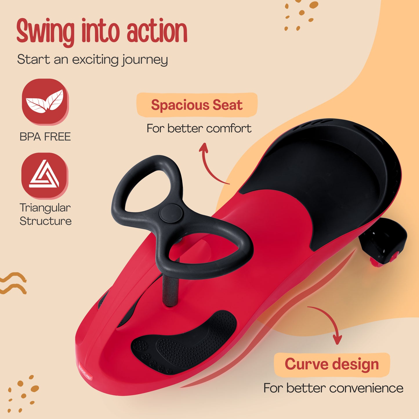 Sunshine Swing Car, Magic Car, Kids Push Car, Swing Car for Kids, Comfortable Seats & Durable, Baby Car, Magic Toy Car, Kids Swing Car, Ride On Car, Kids Car, 3+ Years, Red & Black
