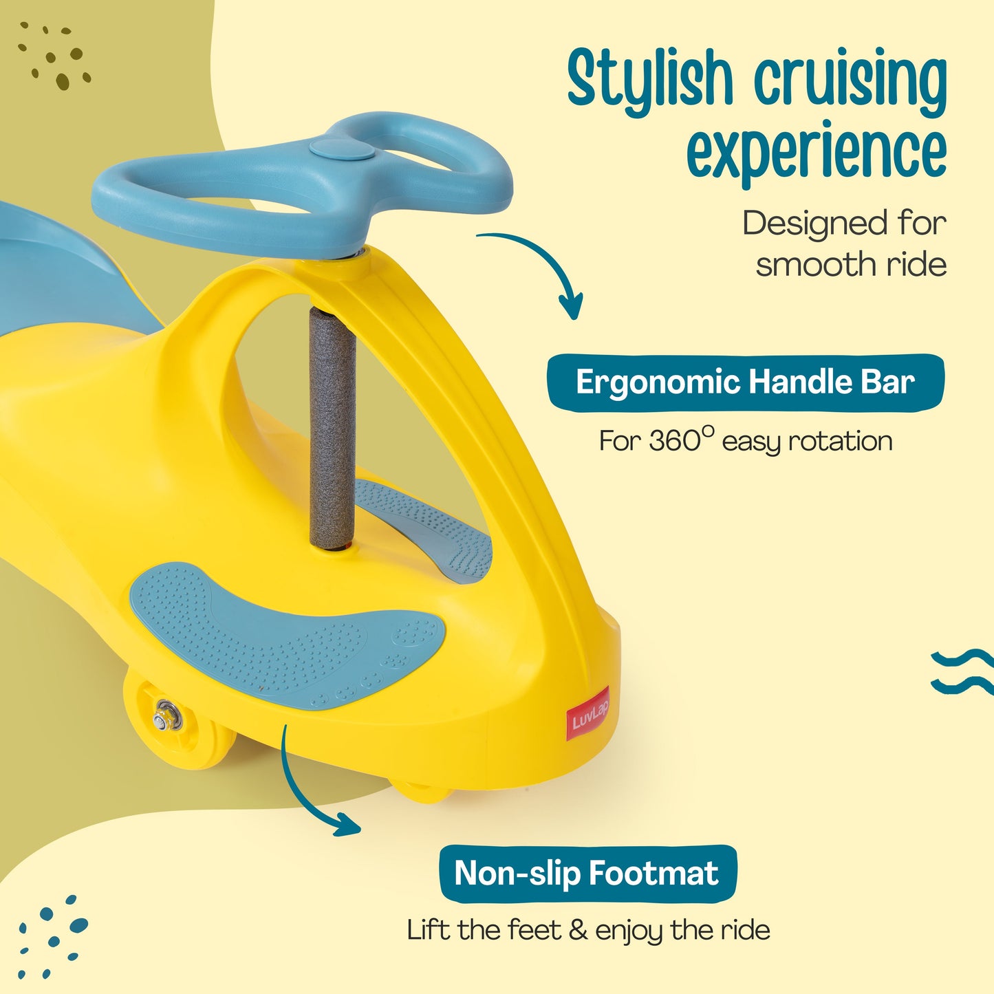Sunshine Swing Car, Push Car, Swing Car for Kids, Comfortable Seats & Durable, Smooth Wheels, Baby Car, Magic Toy, Ride On Toy, Kids Car, 3+ Years, Yellow & Green