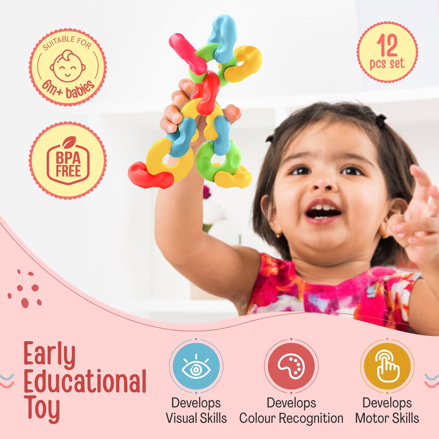LuvLap Toy Link & Fun, Hand Eye Coordination for BabyToys, Multicolour Early Educational Toy for Cognitive Development, Toys for Kids, Infant & Preschool Toys, Construction Blocks for Kids, BPA Free