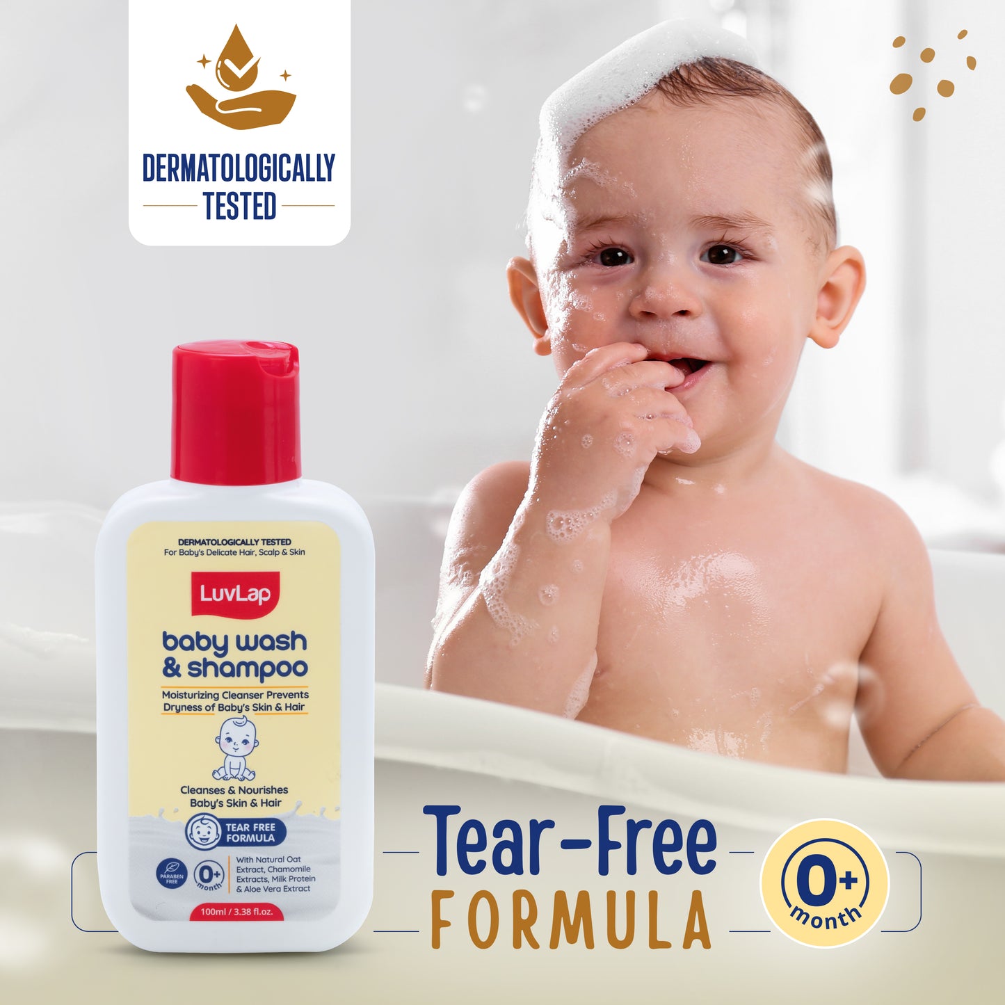 LuvLap Baby Wash & Shampoo - 100ml with Chamomile, Milk Protein, Oatmeal & Shea Butter, Paraben Free, Tear Free, Soap Free, Rich Moisturised Skin & Soft Hair, Baby Body Wash, Dermatologically Tested