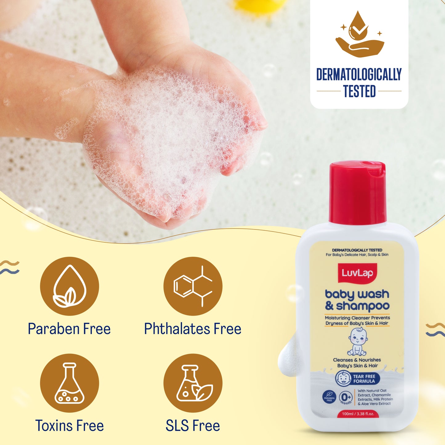 LuvLap Baby Wash & Shampoo - 100ml with Chamomile, Milk Protein, Oatmeal & Shea Butter, Paraben Free, Tear Free, Soap Free, Rich Moisturised Skin & Soft Hair, Baby Body Wash, Dermatologically Tested