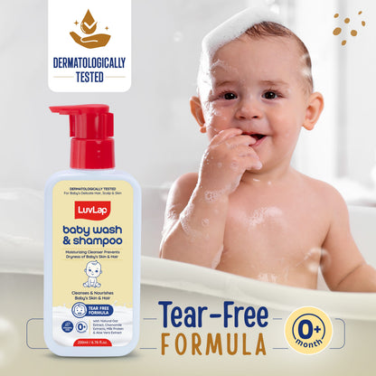 LuvLap Baby Wash & Shampoo - 200ml with Chamomile, Milk Protein, Oatmeal & Shea Butter, Paraben Free, Tear Free, Soap Free, Rich Moisturised Skin & Soft Hair, Baby Body Wash, Dermatologically Tested
