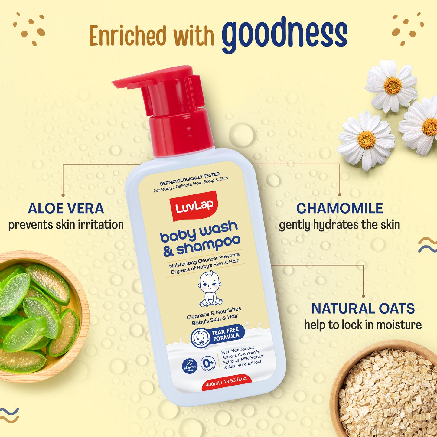 LuvLap Baby Wash & Shampoo - 400ml with Chamomile, Milk Protein, Oatmeal & Shea Butter, Paraben Free, Tear Free, Soap Free, Rich Moisturised Skin & Soft Hair, Baby Body Wash, Dermatologically Tested