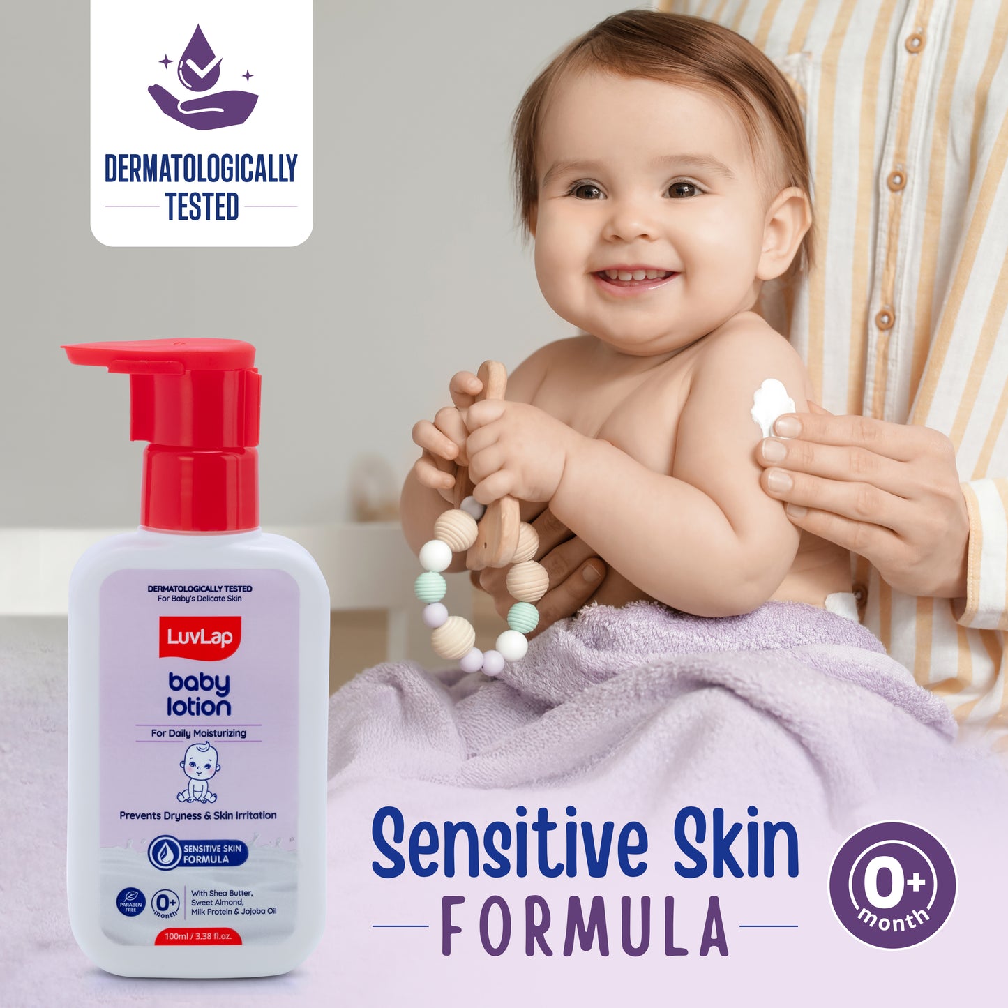 LuvLap Baby Lotion with Milk Protein - 100ml, Suitable for Baby’s Delicate Skin, 24 Hour Protection for Sensitive Skin, Shea Butter and VIT E, Paraben Free, Sweet Almond Oil, Dermatologically Tested