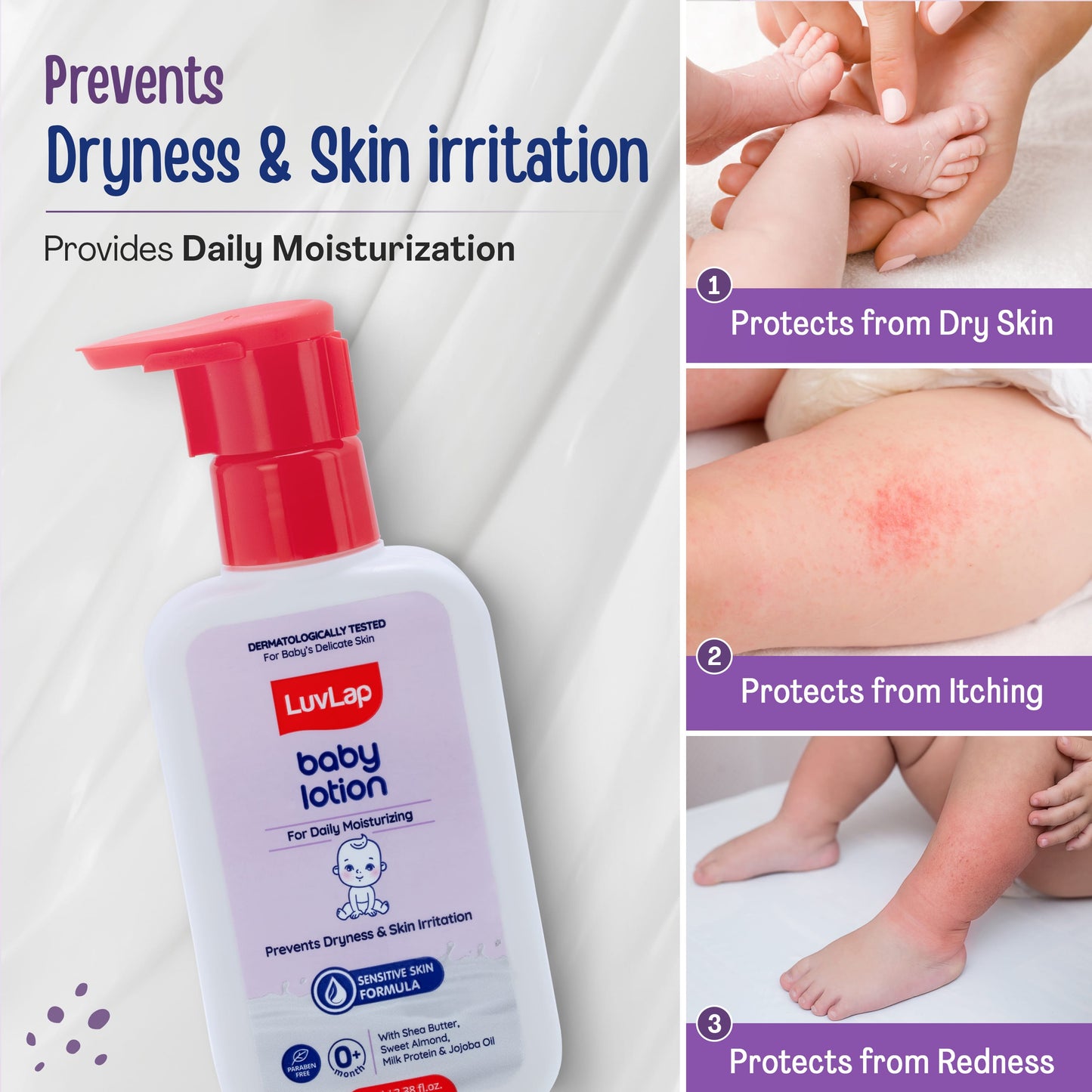LuvLap Baby Lotion with Milk Protein - 400ml, Suitable for Baby’s Delicate Skin, 24 Hour Protection for Sensitive Skin, Shea Butter and VIT E, Paraben Free, Sweet Almond Oil, Dermatologically Tested