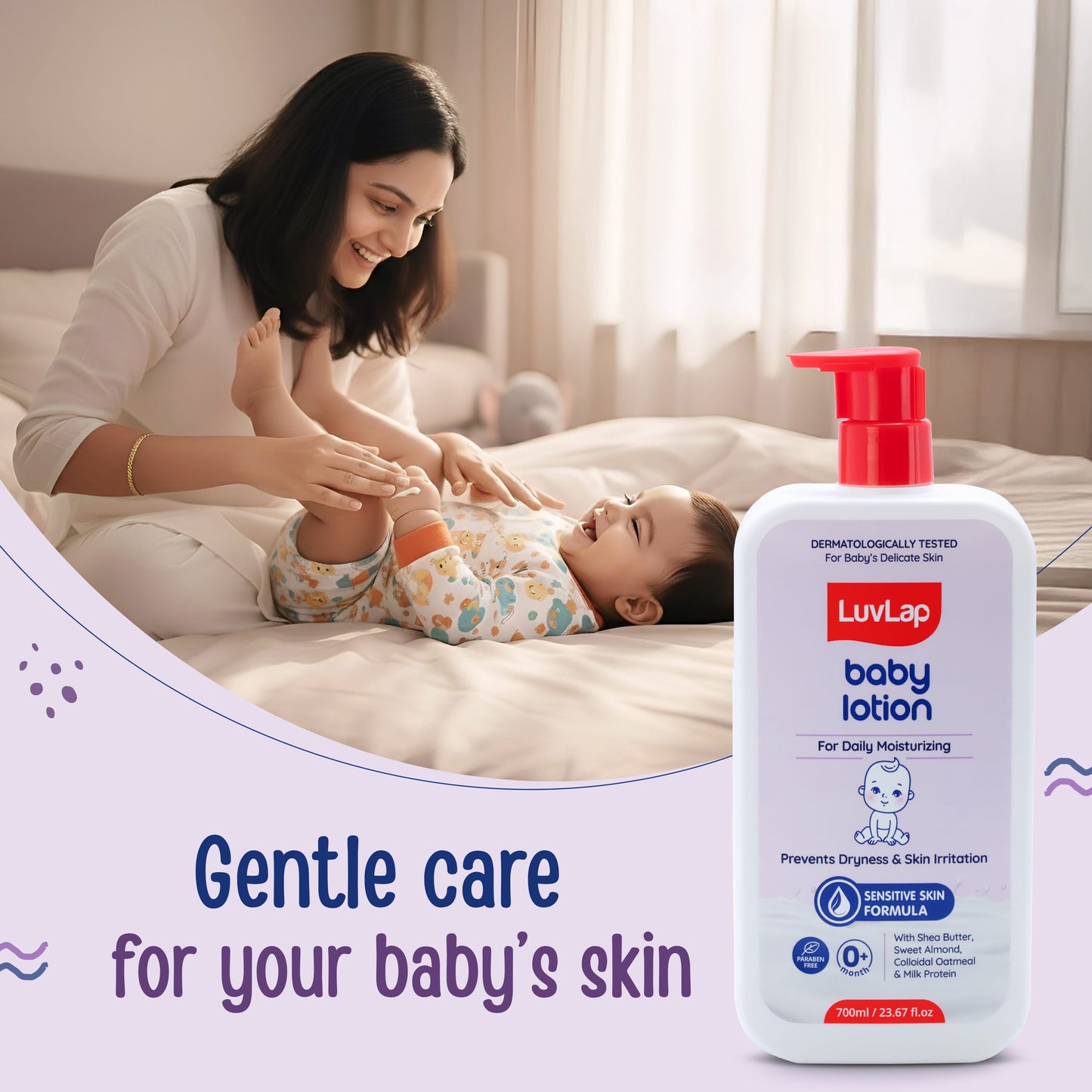 LuvLap Baby Lotion with Milk Protein - 700ml, Suitable for Baby’s Delicate Skin, 24 Hour Protection for Sensitive Skin, Shea Butter and VIT E, Paraben Free, Sweet Almond Oil, Dermatologically Tested