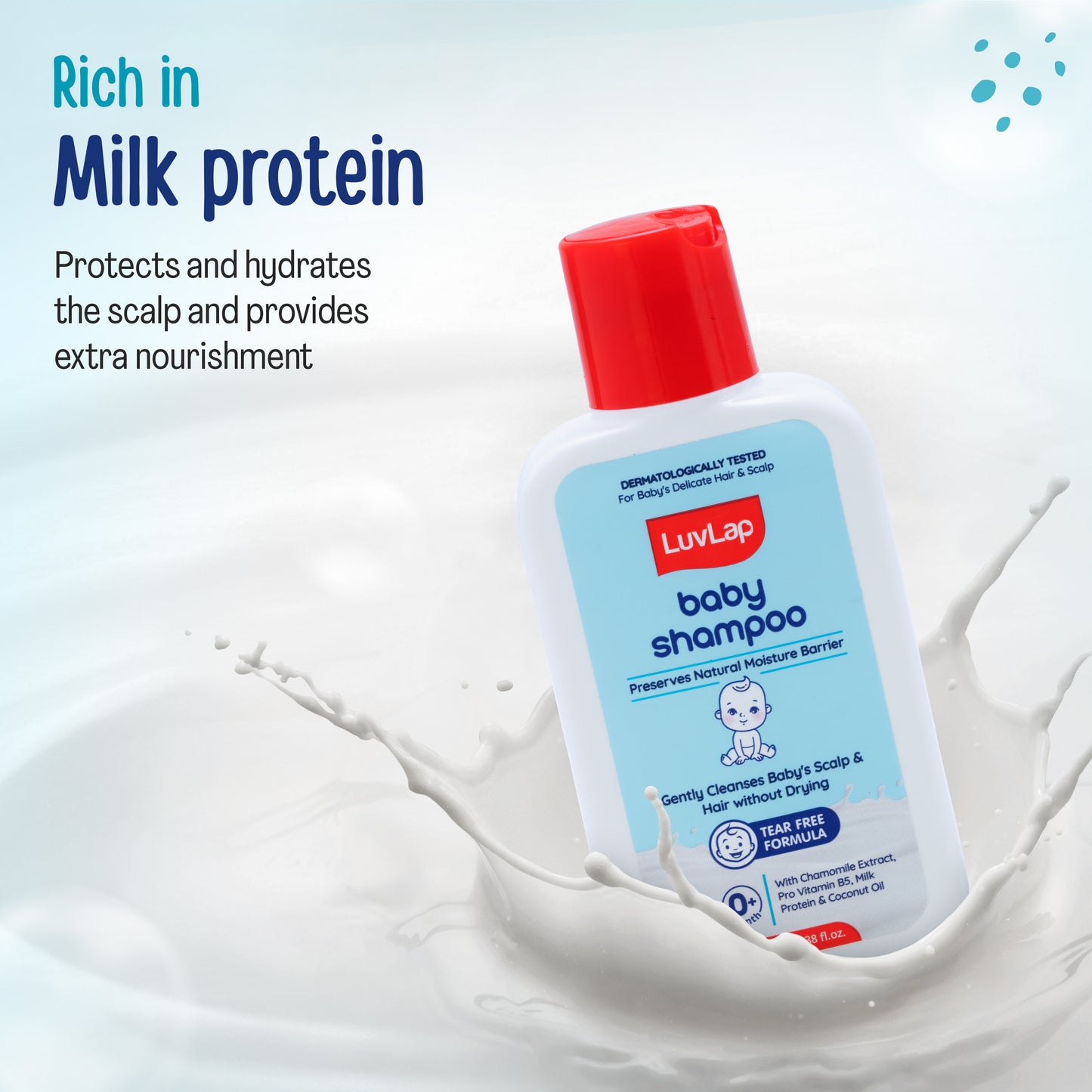LuvLap Milky Soft Baby Shampoo - 100ml, Tear Free Formula, with Milk Protein, Vitamin E & Coconut Oil, Shea Butter & Chamomile, Gentle Care for Baby's Soft Hair, No Paraben, Dermatologically Tested