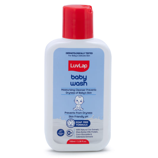 LuvLap Baby Wash - 100ml, with Milk Protein, Oatmeal, Shea Butter and Vitamin E, Soap Free, Baby Wash for Baby Bath, Natural, pH Balanced & Paraben Free, Dermatologically Tested