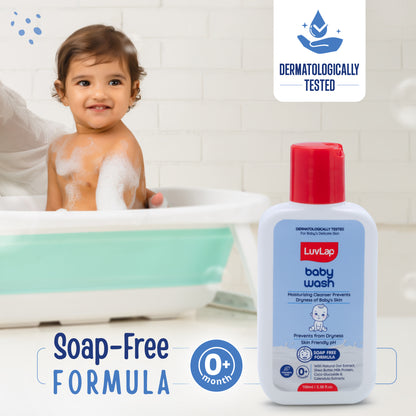 LuvLap Baby Wash - 100ml, with Milk Protein, Oatmeal, Shea Butter and Vitamin E, Soap Free, Baby Wash for Baby Bath, Natural, pH Balanced & Paraben Free, Dermatologically Tested