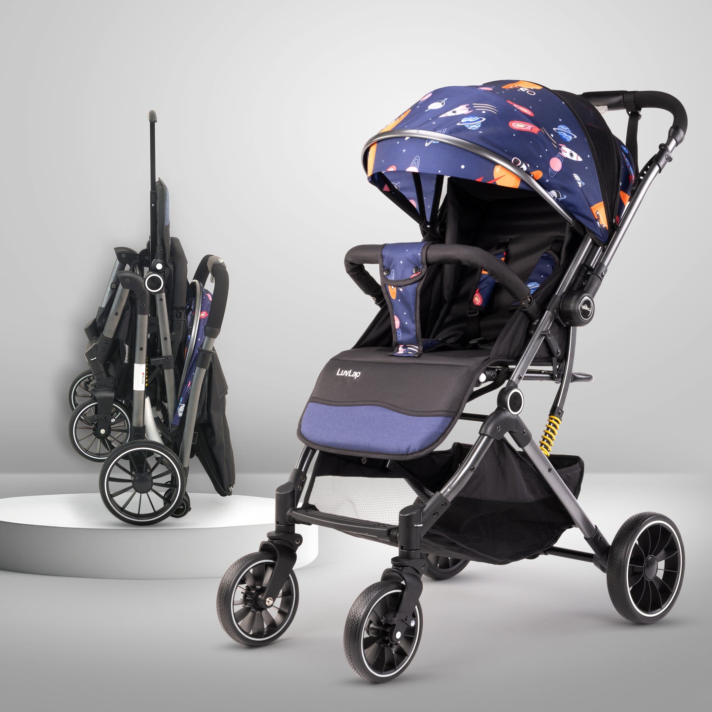 Alpha Baby Stroller/Pram, One Fold, Travel Friendly, 5 Point Safety Harness, Reversible Handle bar, Multilevel Recline & Adjustable footrest, Extendable Canopy, for Babies 0-3 Years (Blue)