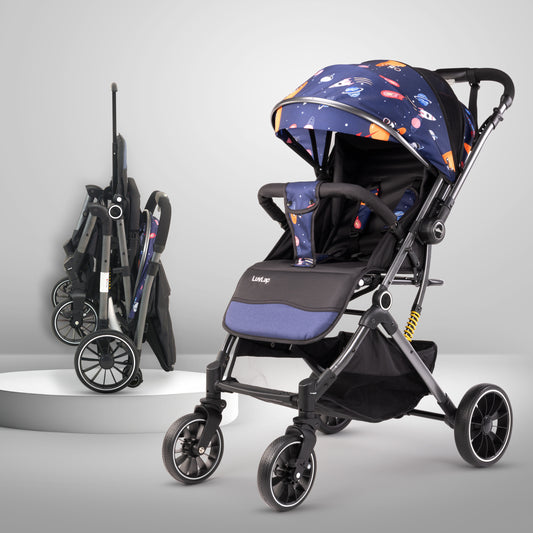 Alpha Baby Stroller/Pram, One Fold, Travel Friendly, 5 Point Safety Harness, Reversible Handle bar, Multilevel Recline & Adjustable footrest, Extendable Canopy, for Babies 0-3 Years (Blue)