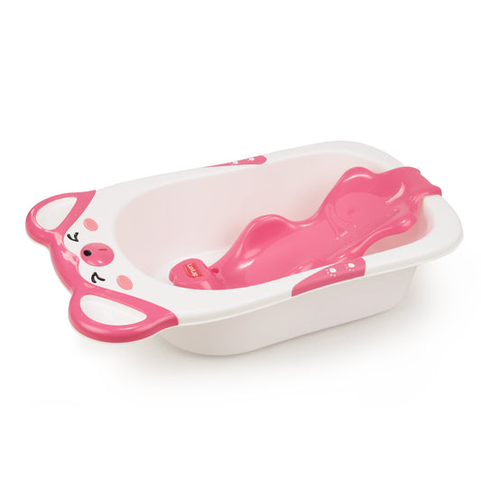 Bubble Baby Bathtub (White & Pink) & Anti Slip Baby Plastic Bath Chair (Pink), Bathtub with Drain Plug, Baby Bath Seat/Sling with Non Slip Suction Base, Baby Bathing Essential