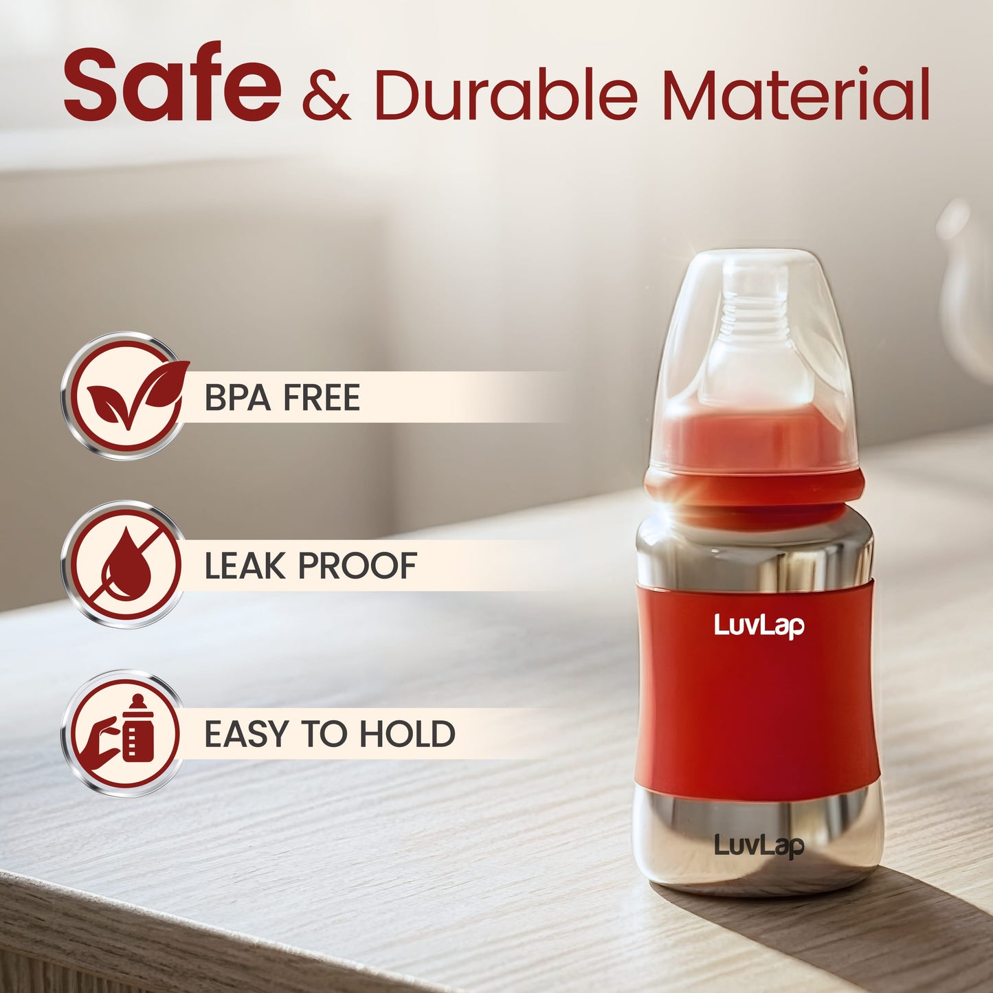 LuvLap Baby Steel Feeding Bottle 140ml Red