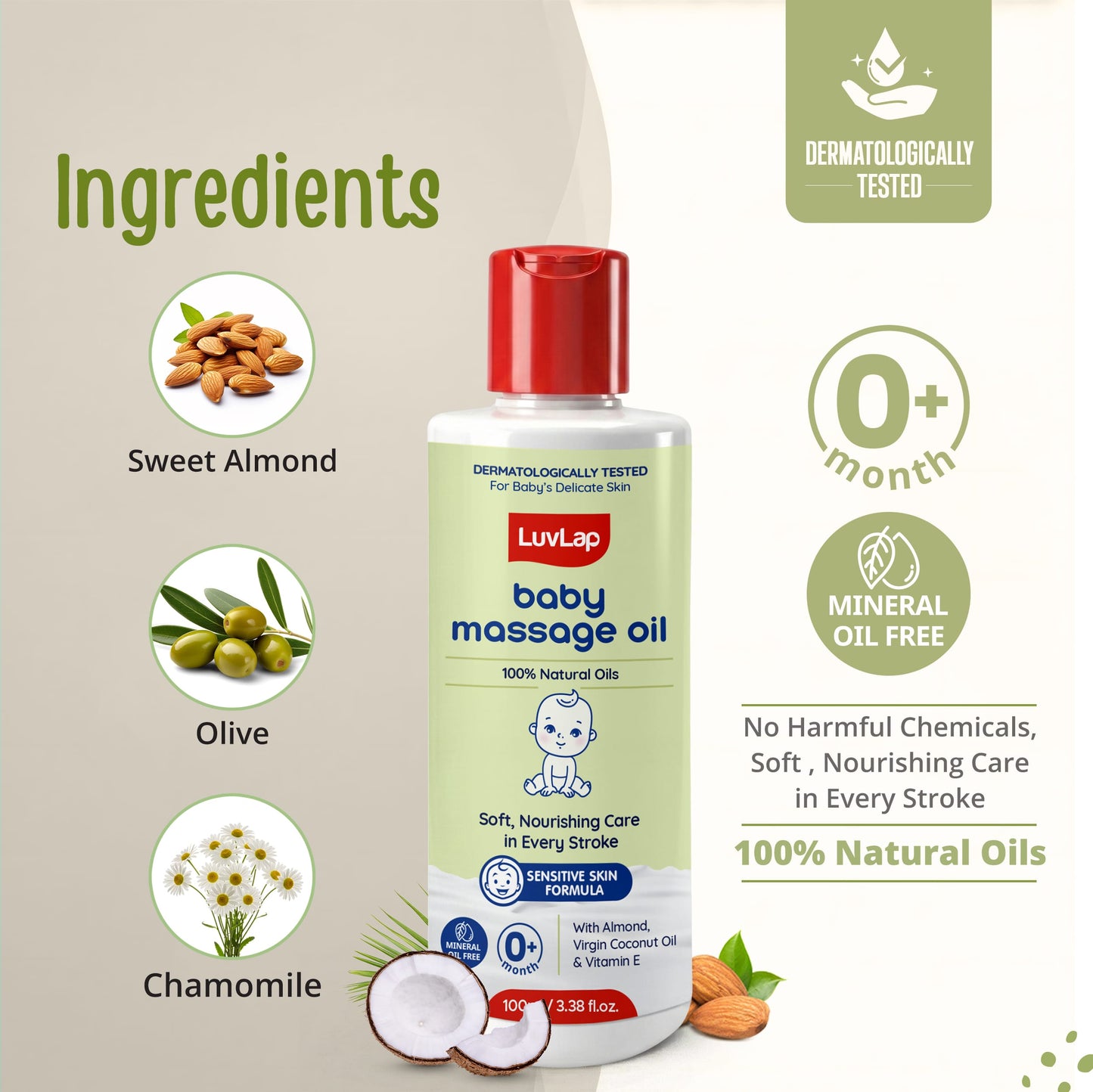 LuvLap Baby Massage Oil with Almond, Virgin Coconut Oil & Vitamin E, Deep Nourishing, Skin Repair & Relaxation, Ayurvedic Non-Sticky Oil for Soft New Born Skin, 100% Natural, Derma Safe