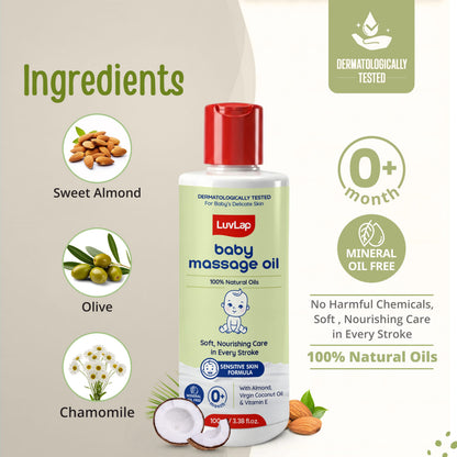 LuvLap Baby Massage Oil with Almond, Virgin Coconut Oil & Vitamin E, Deep Nourishing, Skin Repair & Relaxation, Ayurvedic Non-Sticky Oil for Soft New Born Skin, 100% Natural, Derma Safe