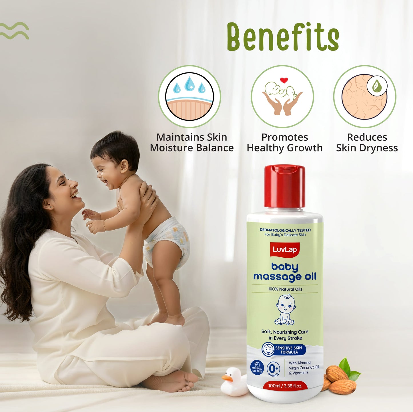 LuvLap Baby Massage Oil with Almond, Virgin Coconut Oil & Vitamin E, Deep Nourishing, Skin Repair & Relaxation, Ayurvedic Non-Sticky Oil for Soft New Born Skin, 100% Natural, Derma Safe
