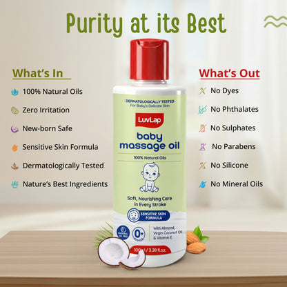 LuvLap Baby Massage Oil with Almond, Virgin Coconut Oil & Vitamin E, Deep Nourishing, Skin Repair & Relaxation, Ayurvedic Non-Sticky Oil for Soft New Born Skin, 100% Natural, Derma Safe