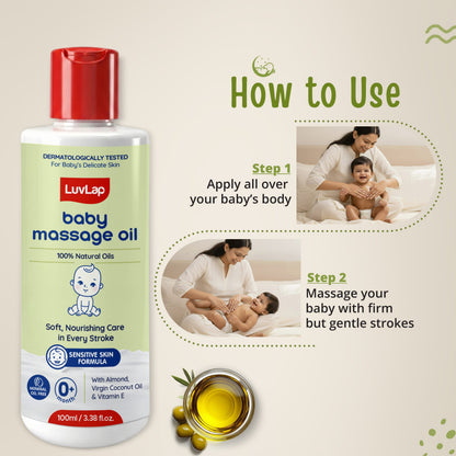 LuvLap Baby Massage Oil with Almond, Virgin Coconut Oil & Vitamin E, Deep Nourishing, Skin Repair & Relaxation, Ayurvedic Non-Sticky Oil for Soft New Born Skin, 100% Natural, Derma Safe