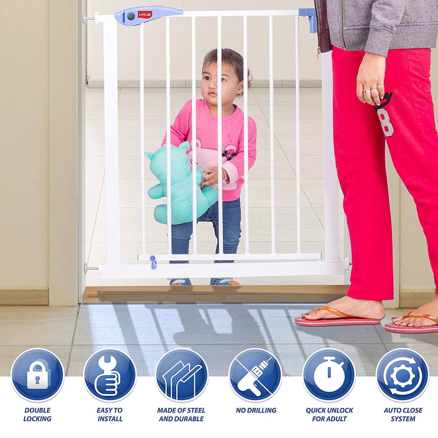 Indoor Baby Safety Gate for Door Way Size 76 to 85 cm Wide, White
