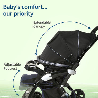 Galaxy Baby Stroller, Pram for Baby with 5 Point Safety Harness, Spacious Cushioned seat with Multi Level seat Recline, Easy Fold, Lightweight Stroller for 0 to 3 Years (Black)