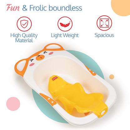 Bubble Baby Bathtub (White & Orange) & Anti Slip Baby Plastic Bath Chair (Yellow)