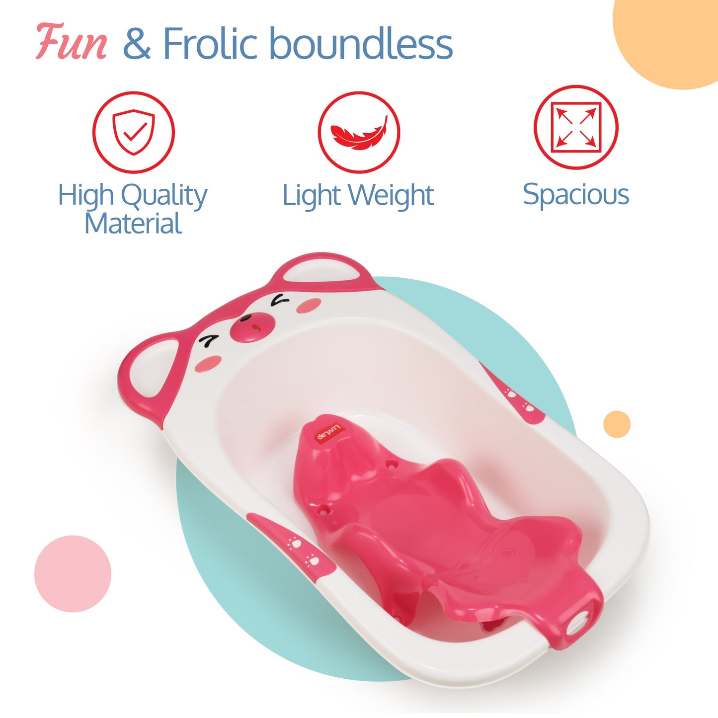 Bubble Baby Bathtub (White & Pink) & Anti Slip Baby Plastic Bath Chair (Pink), Bathtub with Drain Plug, Baby Bath Seat/Sling with Non Slip Suction Base, Baby Bathing Essential