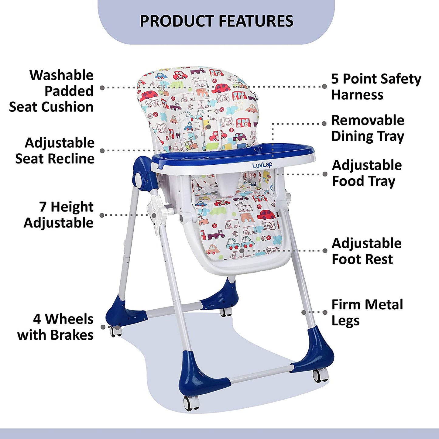 Royal High Chair with Adjustable 7 Heights with Wheels - Blue