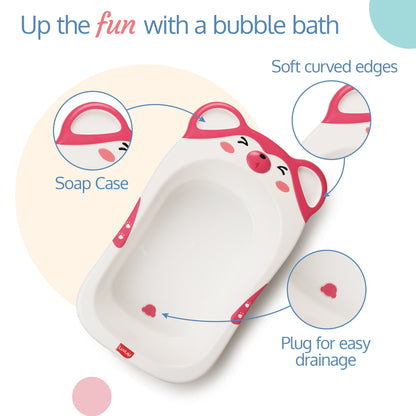 Bubble Baby Bathtub (White & Pink) & Anti Slip Baby Plastic Bath Chair (Pink), Bathtub with Drain Plug, Baby Bath Seat/Sling with Non Slip Suction Base, Baby Bathing Essential