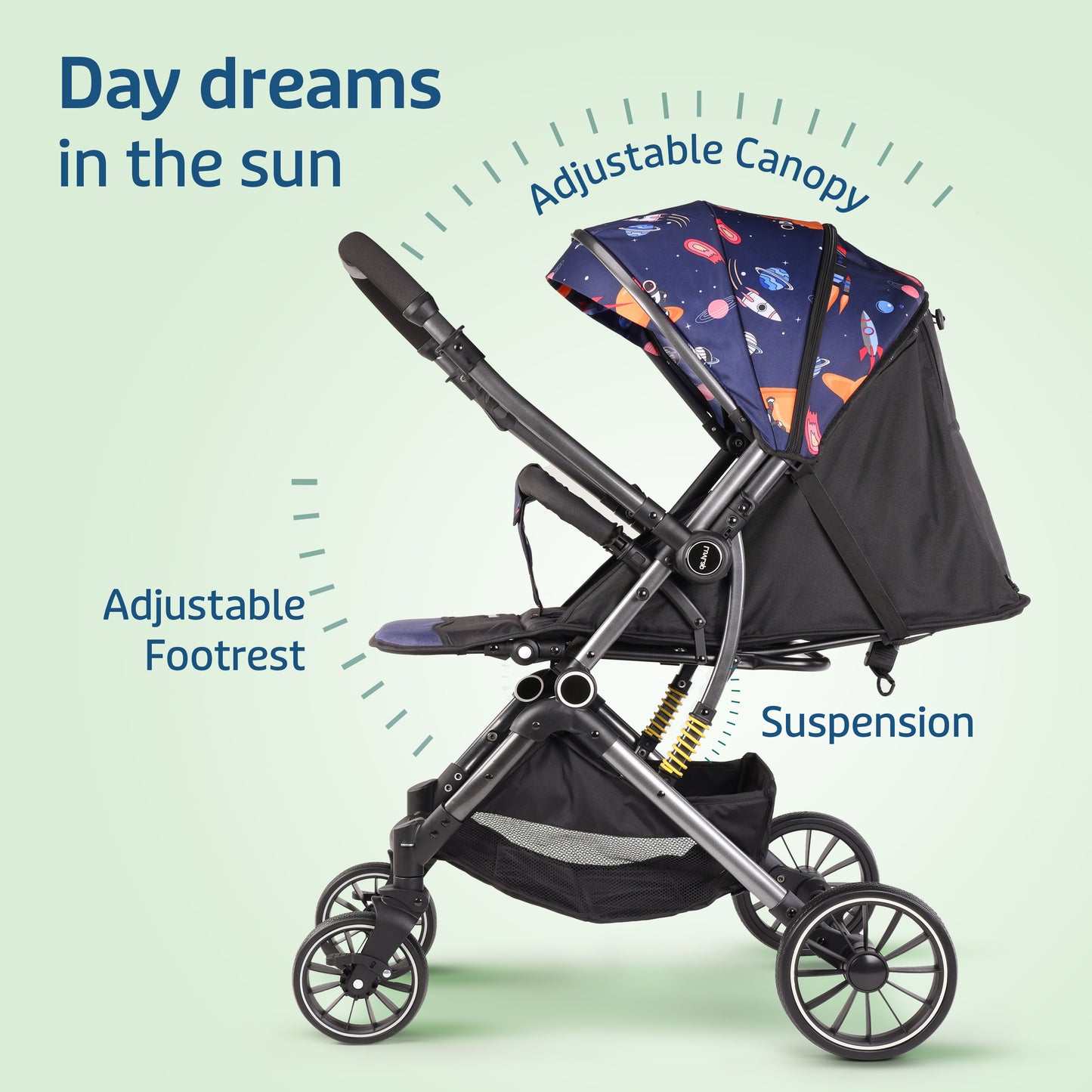 Alpha Baby Stroller/Pram, One Fold, Travel Friendly, 5 Point Safety Harness, Reversible Handle bar, Multilevel Recline & Adjustable footrest, Extendable Canopy, for Babies 0-3 Years (Blue)