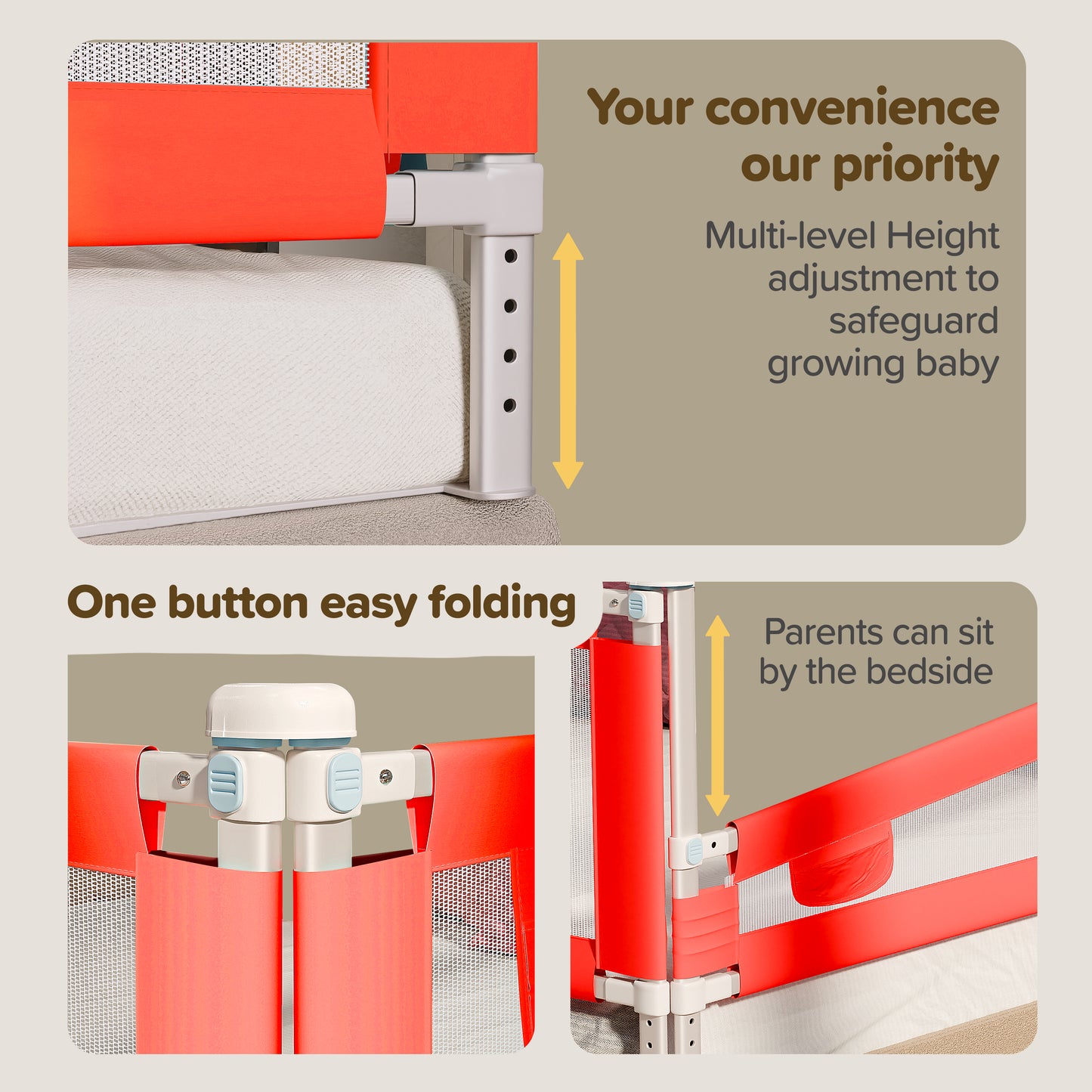 Bed Rail Guard for Baby/Kids Safety, 180cm x 72 cm, Portable & Foldable, Baby Safety Essential, Adjustable Height, fits All Bed Sizes (Red - Without Print)