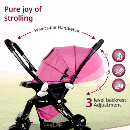 Galaxy Baby Stroller, Pram for Baby with 5 Point Safety Harness, Spacious Cushioned seat with Multi Level seat Recline, Easy Fold, Lightweight Stroller for 0 to 3 Years (Pink & Black)