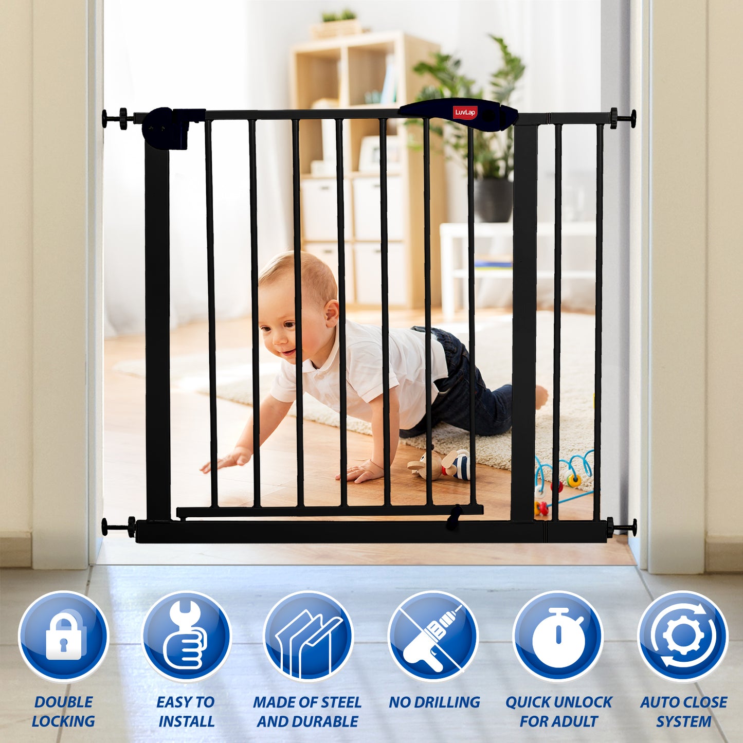 Indoor Baby Safety Gate Size 86 to 95 cm Wide, Black