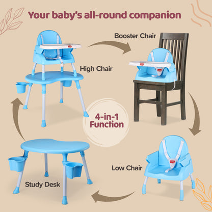 4 in 1 Convertible Baby High Chair with 3 Point Safety Belts, High Chair, Low Chair, Booster Chair and Table for Baby, Removable & Washable Food Tray 6 Months+ (Blue)