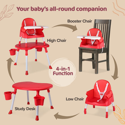 4 in 1 Convertible Baby High Chair with 3 Point Safety Belts, High Chair, Low Chair, Booster Chair and Table for Baby, Removable & Washable Food Tray 6 Months+ (Red)