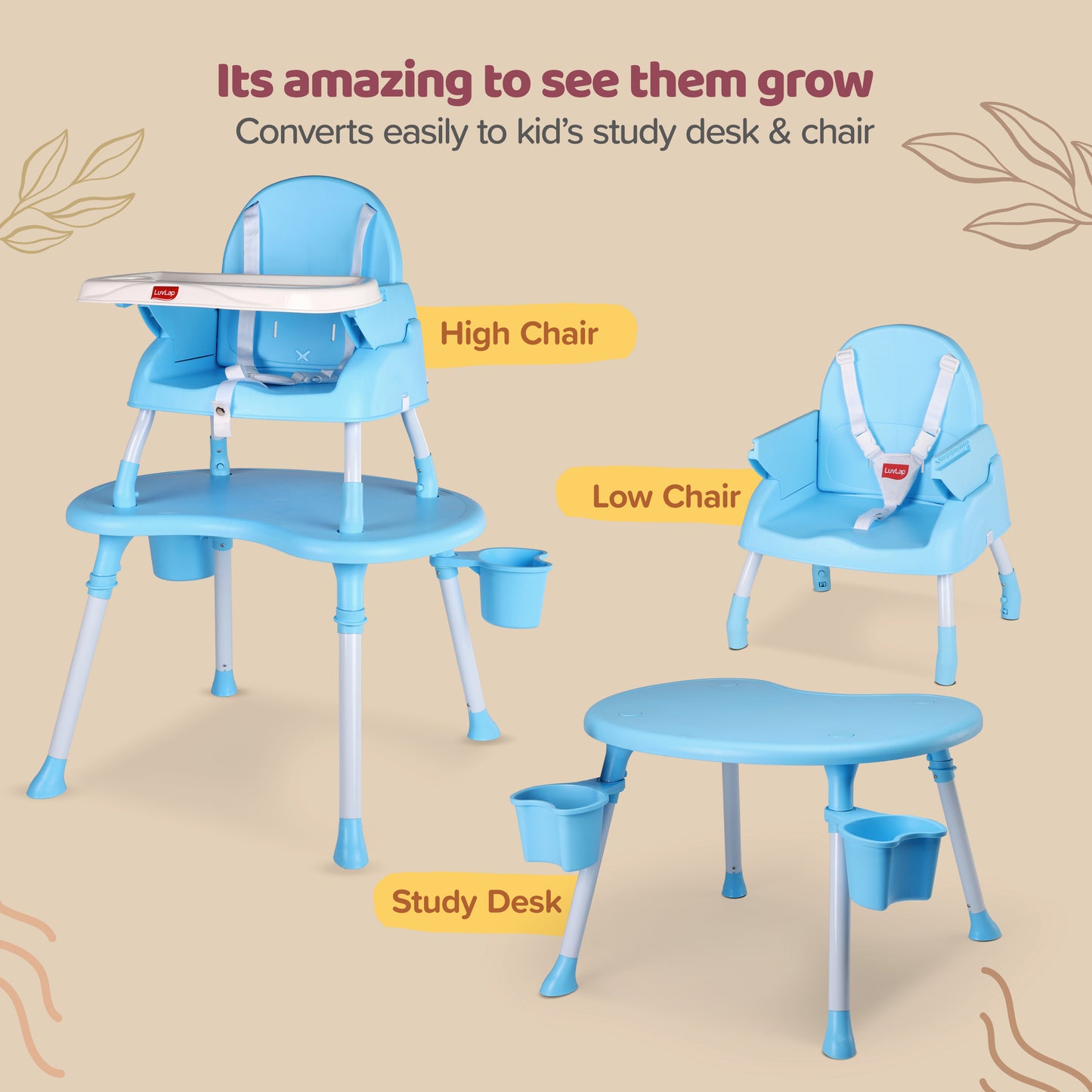4 in 1 Convertible Baby High Chair with 3 Point Safety Belts, High Chair, Low Chair, Booster Chair and Table for Baby, Removable & Washable Food Tray 6 Months+ (Blue)