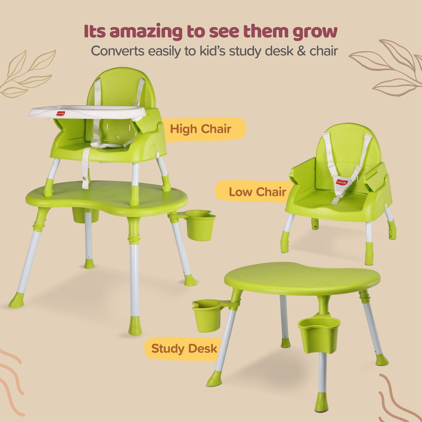 4 in 1 Convertible Baby High Chair with 3 point Safety belts, High Chair, Low Chair, Booster Chair and Table for baby, Removable & washable food tray 6 months+ (Green)
