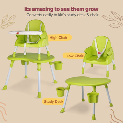 4 in 1 Convertible Baby High Chair with 3 point Safety belts, High Chair, Low Chair, Booster Chair and Table for baby, Removable & washable food tray 6 months+ (Green)