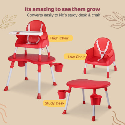 4 in 1 Convertible Baby High Chair with 3 Point Safety Belts, High Chair, Low Chair, Booster Chair and Table for Baby, Removable & Washable Food Tray 6 Months+ (Red)