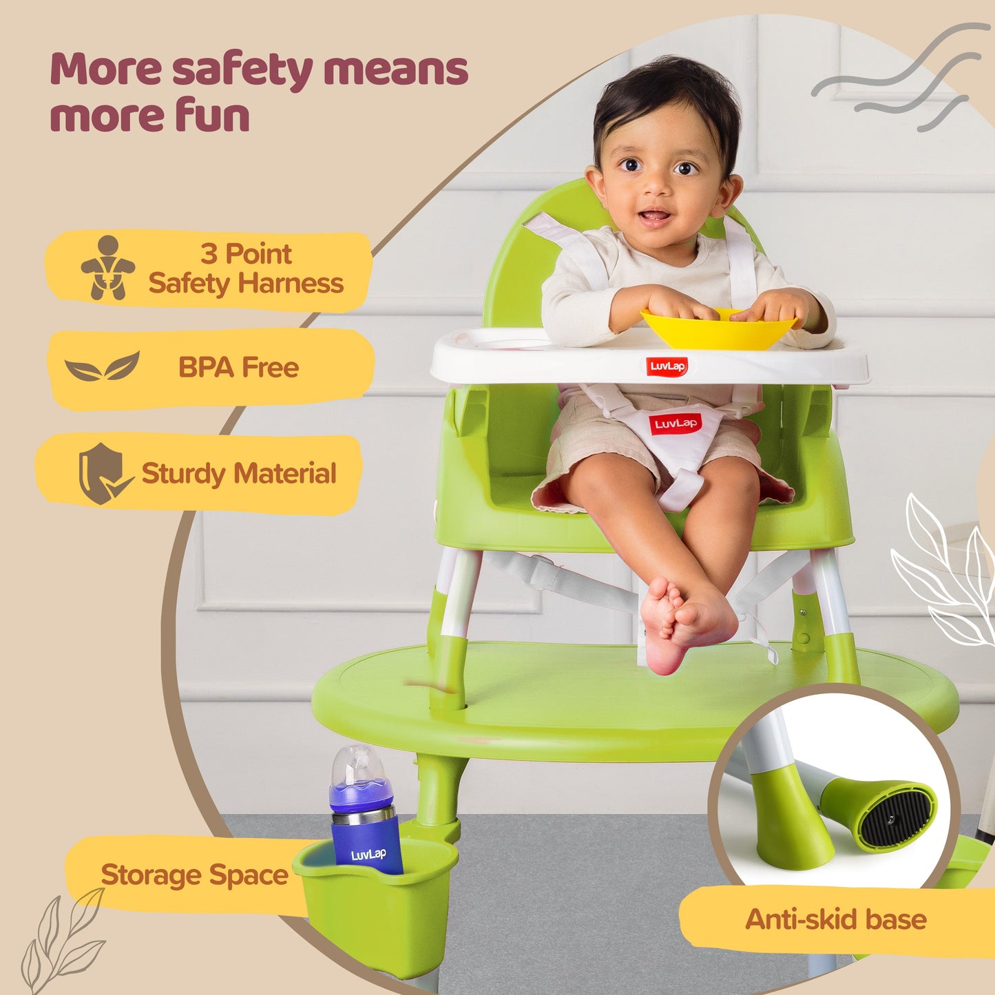 4 in 1 Convertible Baby High Chair with 3 point Safety belts, High Chair, Low Chair, Booster Chair and Table for baby, Removable & washable food tray 6 months+ (Green)